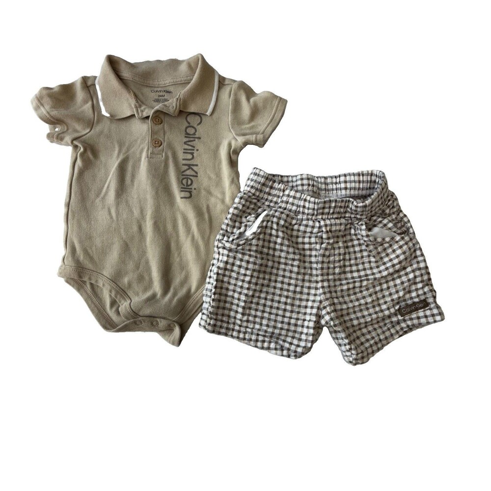 Calvin Klein Baby 24M Tan Polo Bodysuit & Plaid Shorts 2pc Set